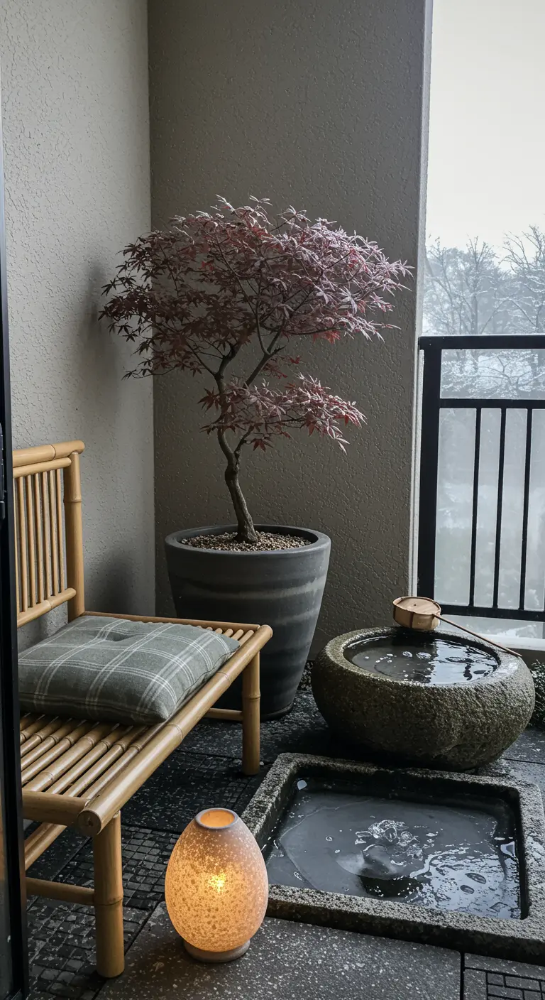 A zen-inspired balcony with a bamboo bench, Japanese maple, and a stone water feature.