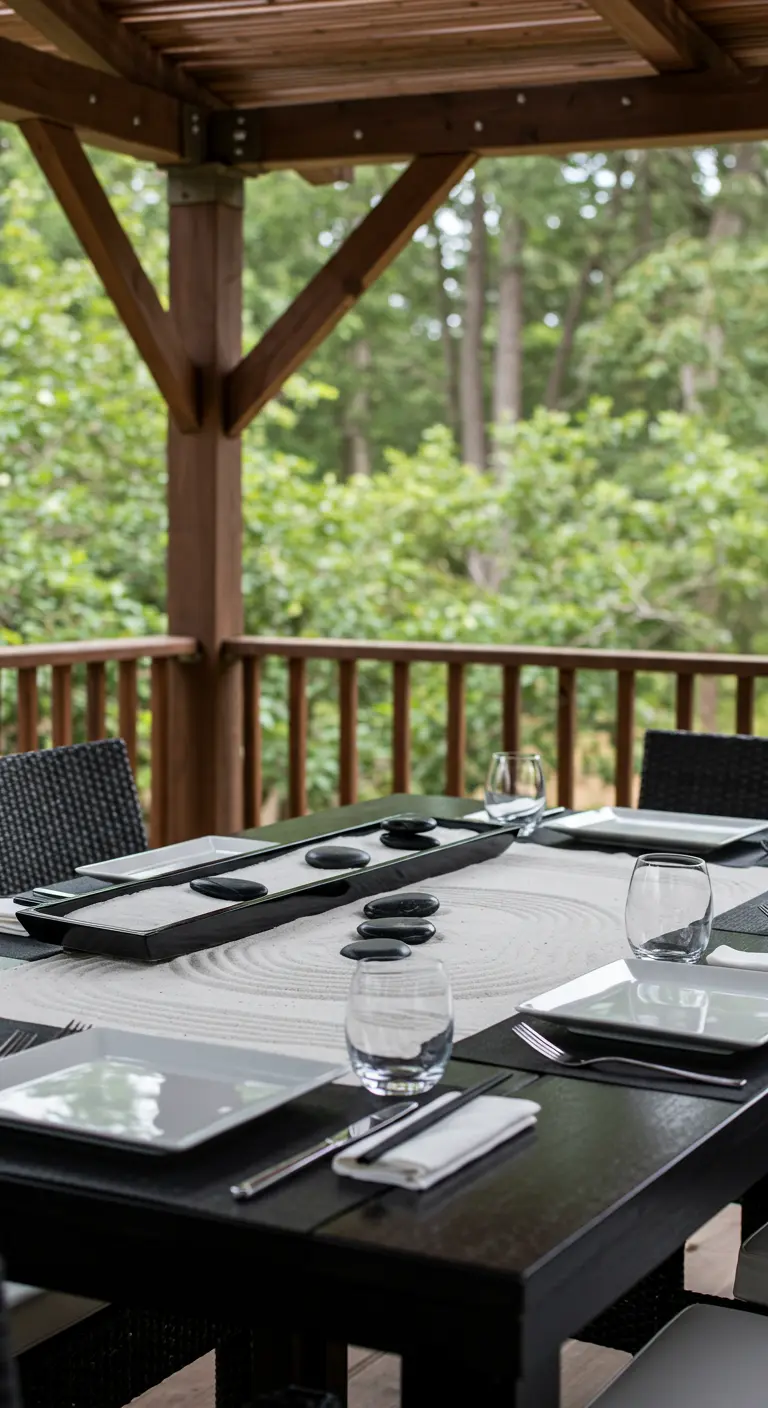 Outdoor table setting with a miniature Zen garden centerpiece and square plates.
