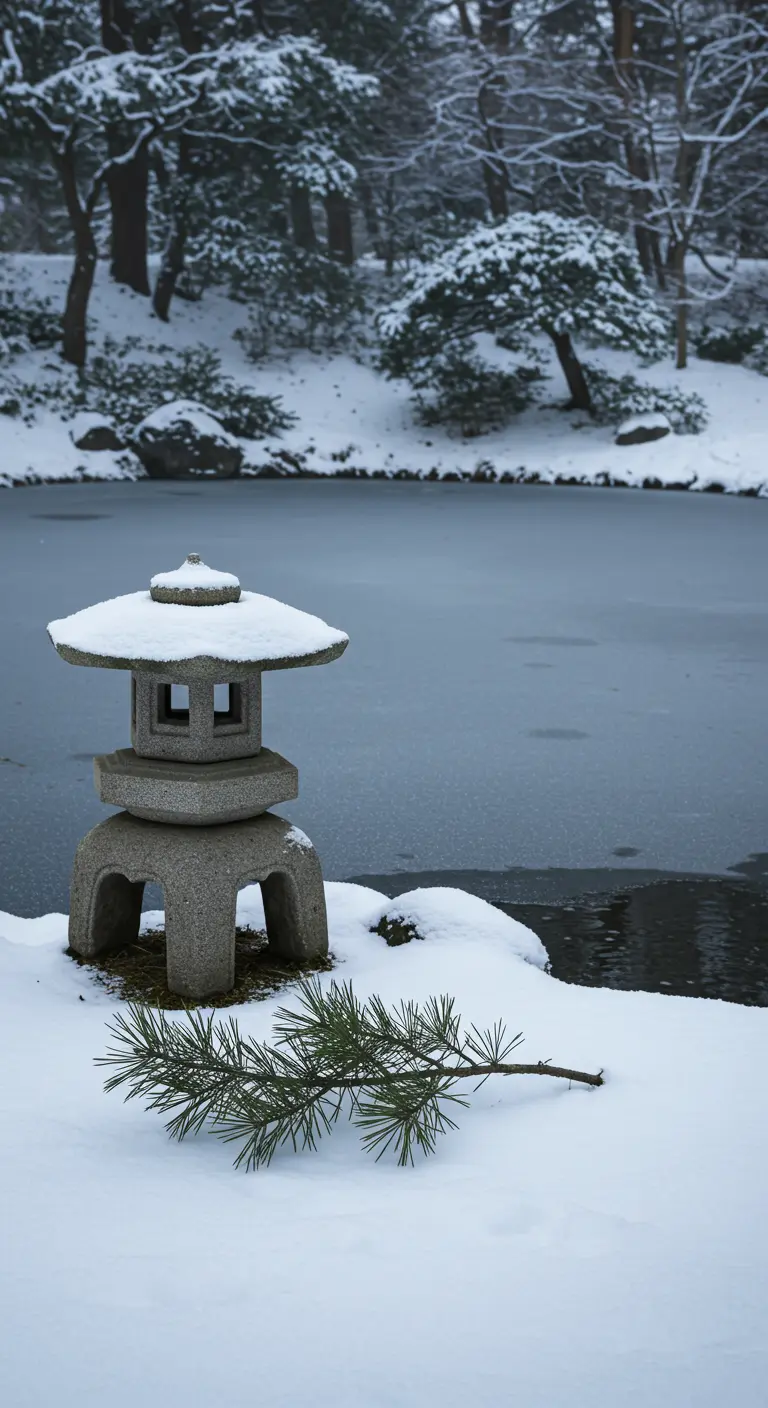 A Japanese stone lantern sits in the snow next to a single pine branch.