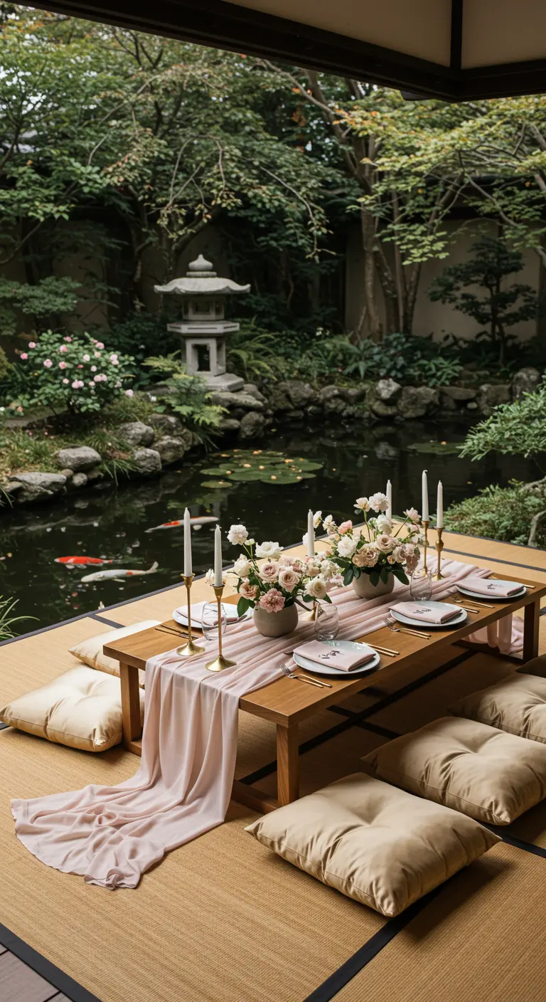 A low Japanese-style table set for dinner next to a koi pond in a zen garden.