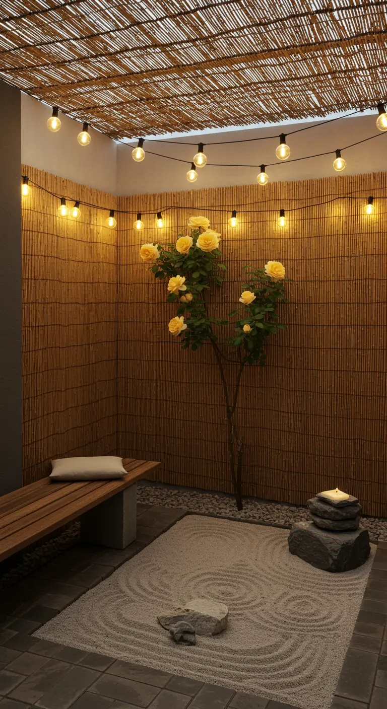 A zen garden with a raked sand pit, bamboo walls, and a single yellow rose bush under globe lights.
