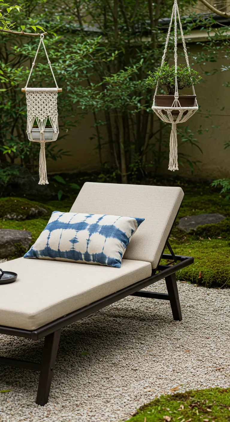 A minimalist lounger with a tie-dye pillow in a Japanese-style gravel garden.