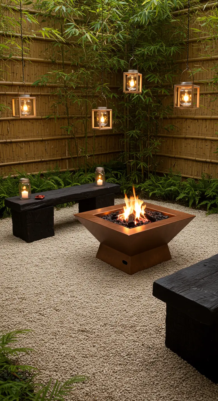 A Zen garden with a fire pit, dark stained benches, bamboo fence, and hanging lanterns.