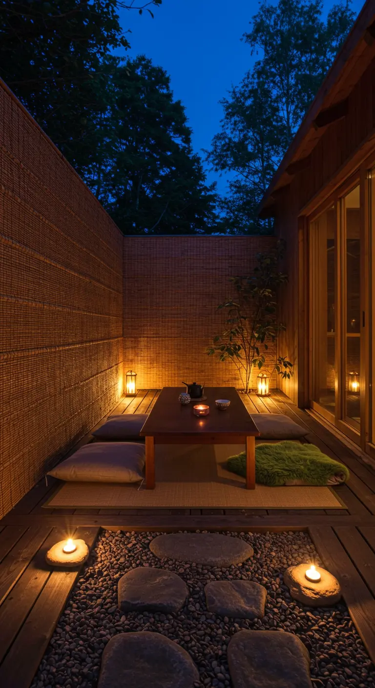 A Japanese-inspired patio with a low table, floor cushions, and candles lighting a pebble garden.