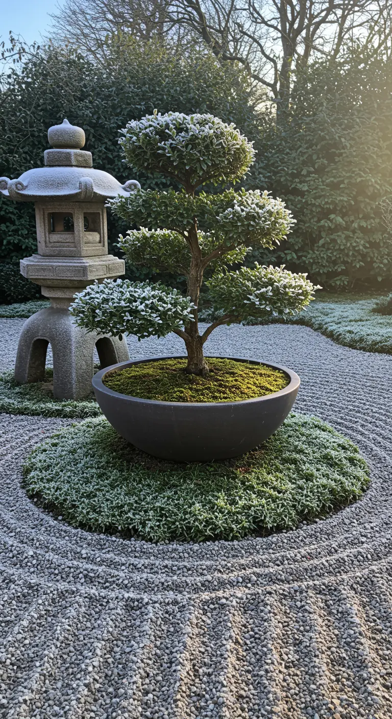 A sculpted evergreen bonsai in a shallow bowl on a raked gravel zen garden.