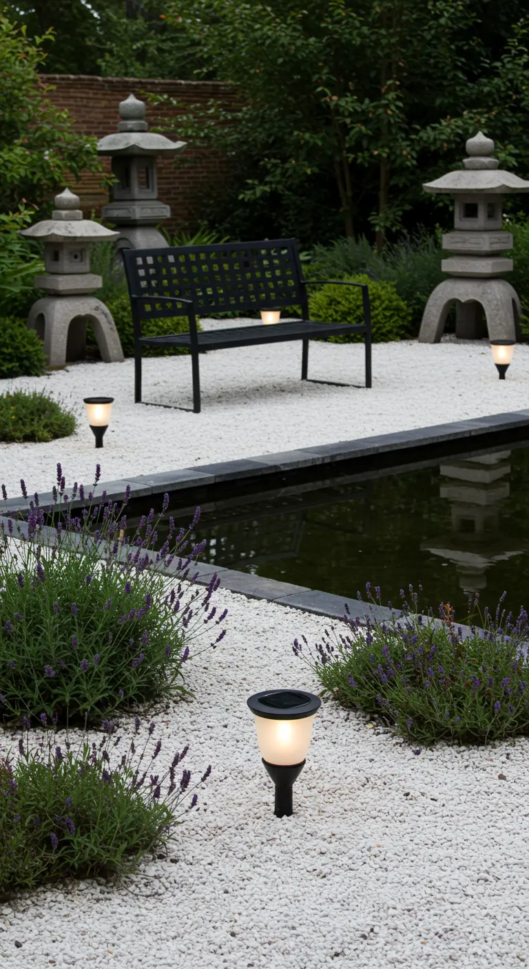 Japanese garden with a pond, stone lanterns, and a bench on white gravel.