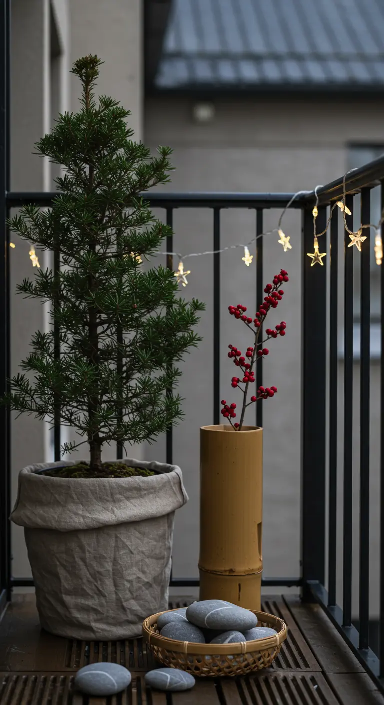 A minimalist balcony scene with a tree in a canvas bag, a bamboo vase with berries, and river stones.