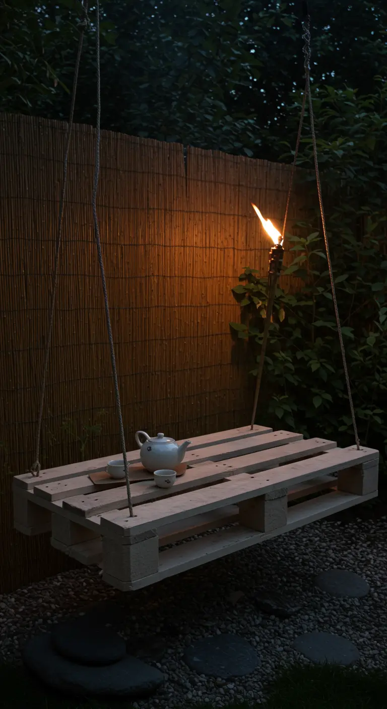 A low-hanging pallet bar serves as a tea table in a zen garden with a bamboo screen and tiki torch.