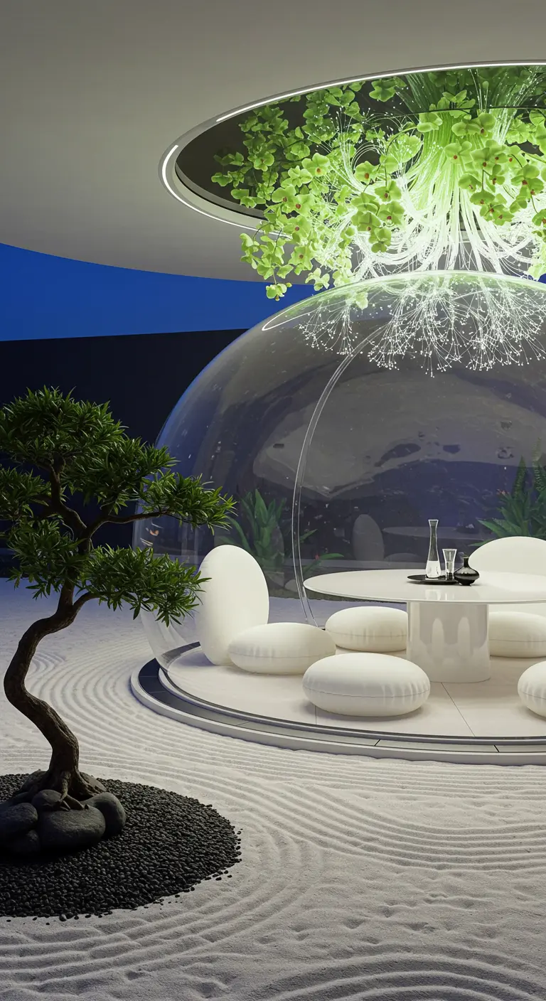 A futuristic dining bubble in a zen garden with a glowing fiber optic and green plant chandelier.