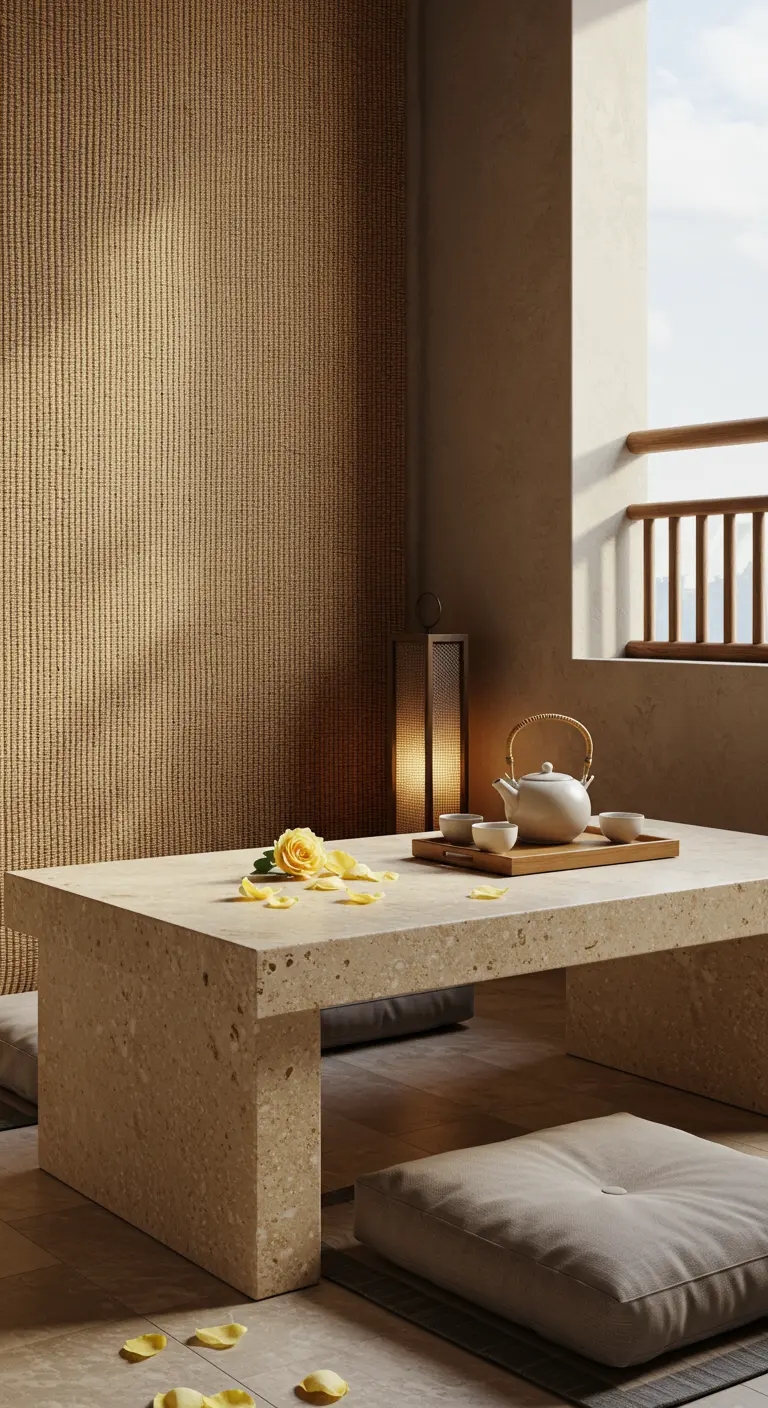 A low stone table on a minimalist balcony, set for tea with floor cushions.