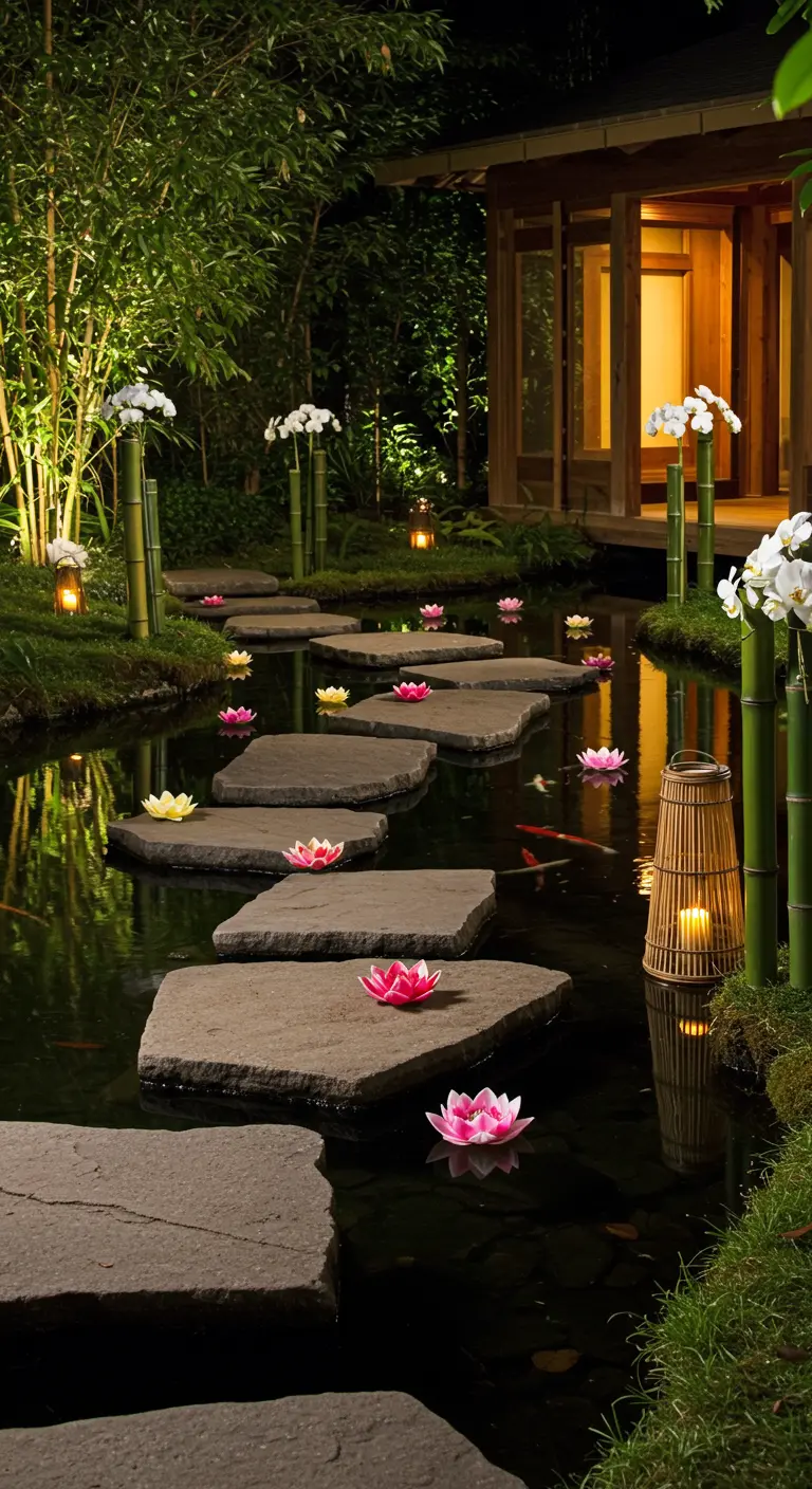 A zen garden path with floating lotus candles and bamboo.