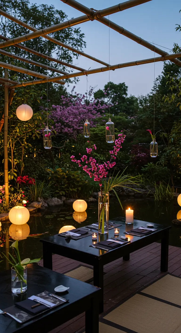 A tranquil outdoor table at dusk with hanging vases under a bamboo structure.