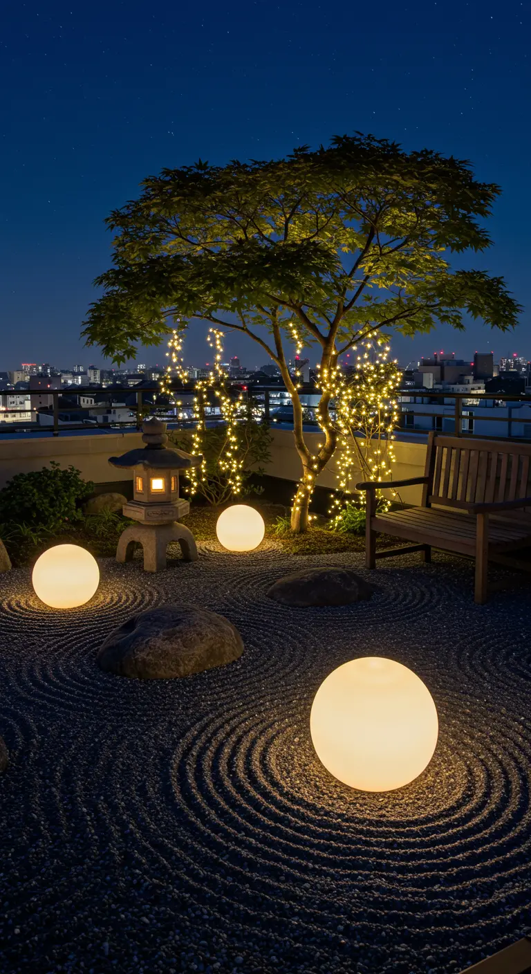 A rooftop Zen garden with raked gravel, a stone lantern, a small tree, and glowing orbs at night.
