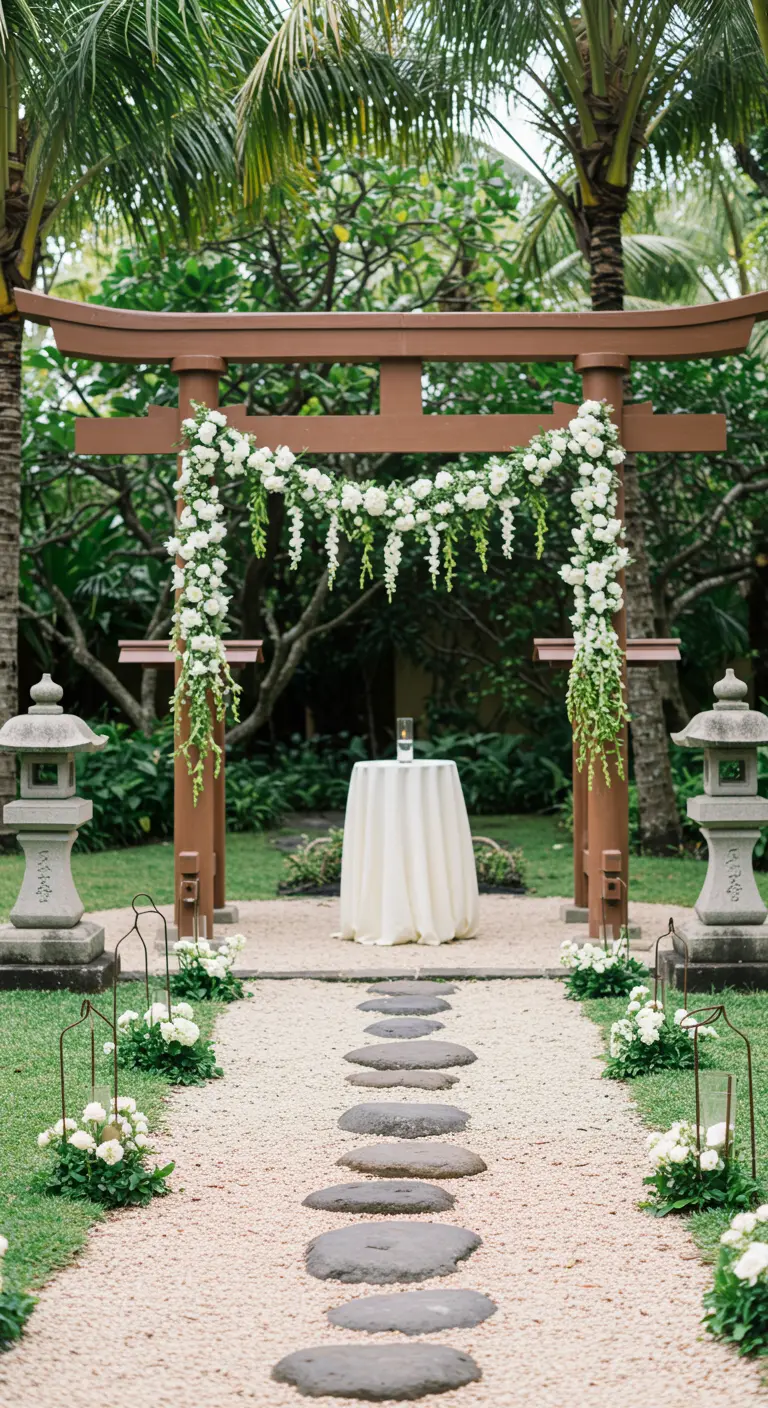 A Japanese torii gate decorated with a white floral garland for a garden wedding ceremony.