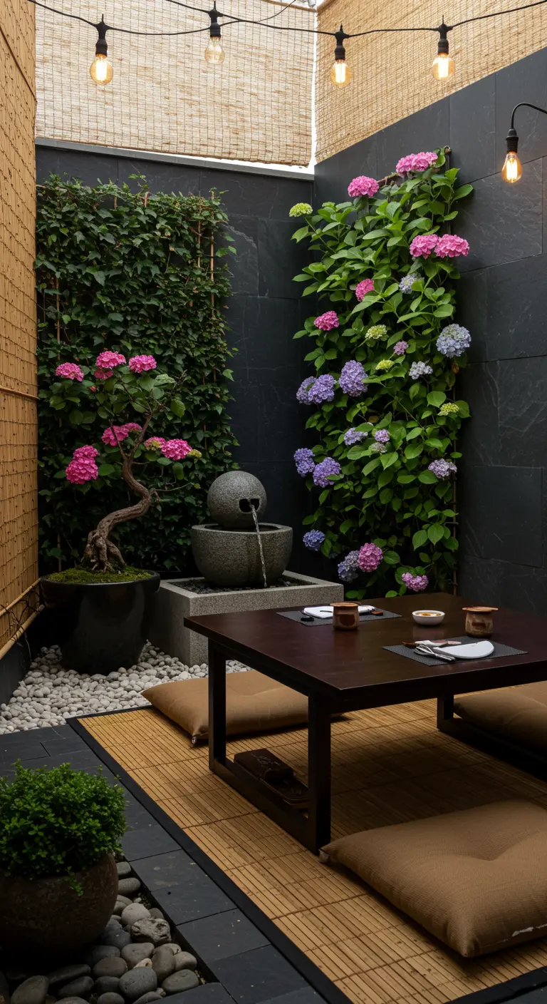 A Japanese-inspired rooftop garden with a low table, fountain, and climbing hydrangeas.