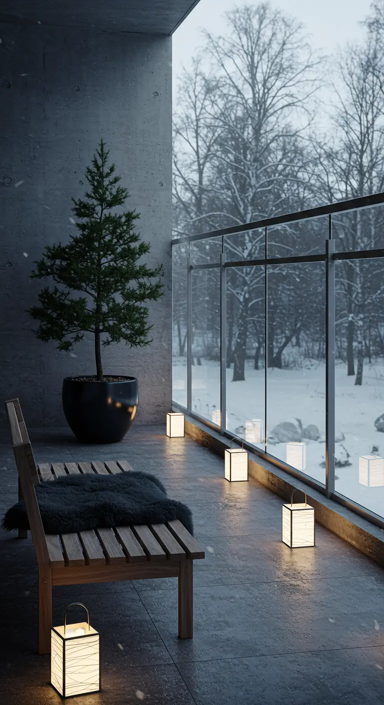 Modern balcony with a wooden bench, dark fur throw, and scattered white cube lanterns.