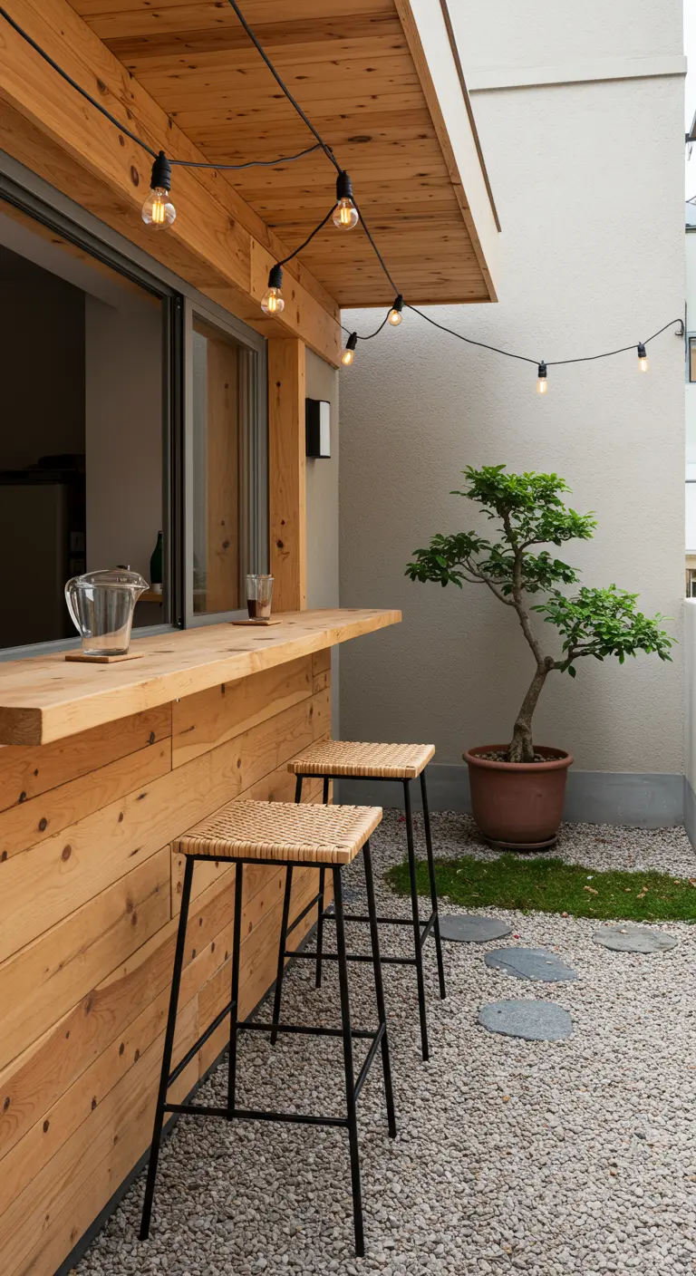 A simple wooden bar with woven stools next to a bonsai tree and gravel garden.