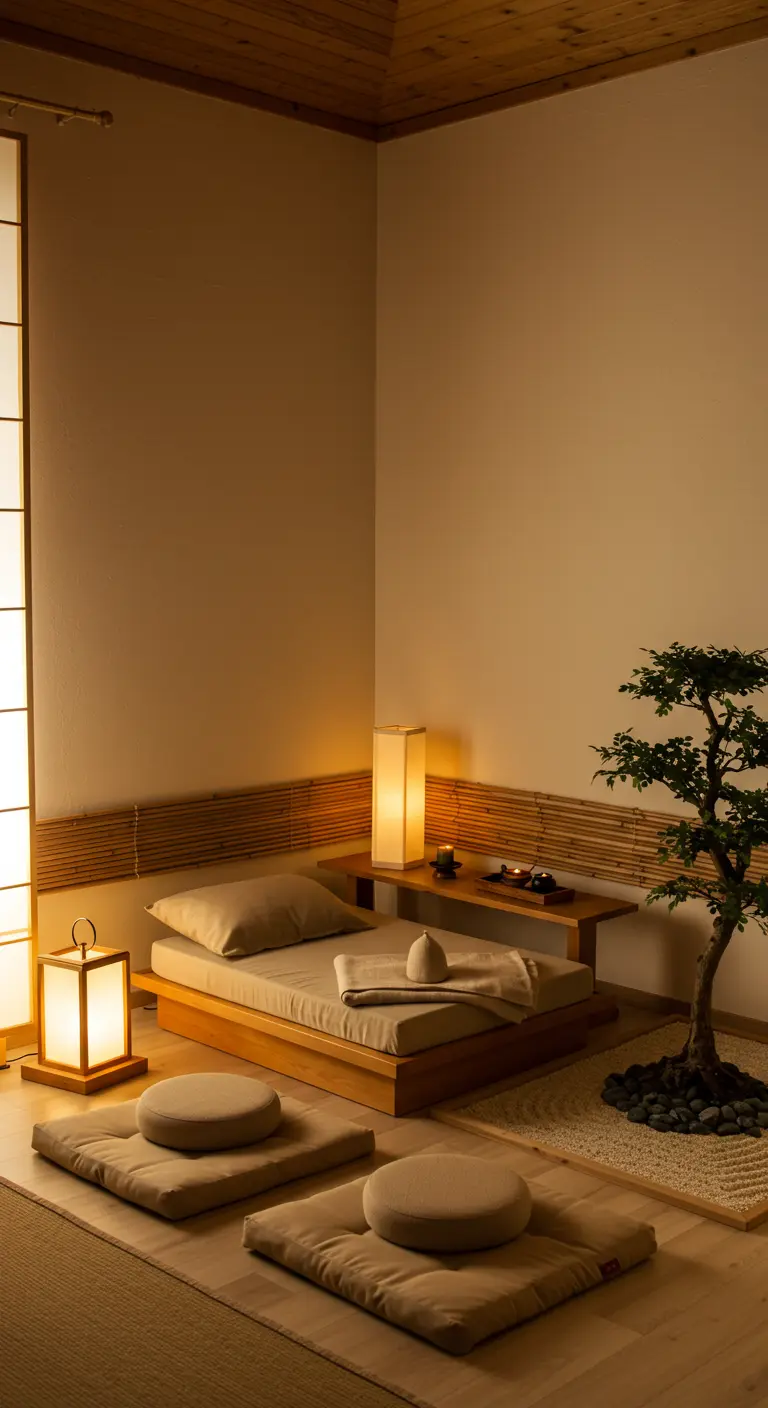 Zen-inspired bedroom with a low bed, tatami mats, paper lanterns, and neutral floor cushions.