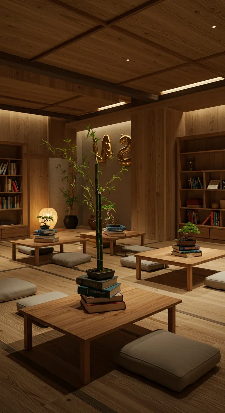 Minimalist Japanese-style room with low tables, books, bonsai, and floor cushions.