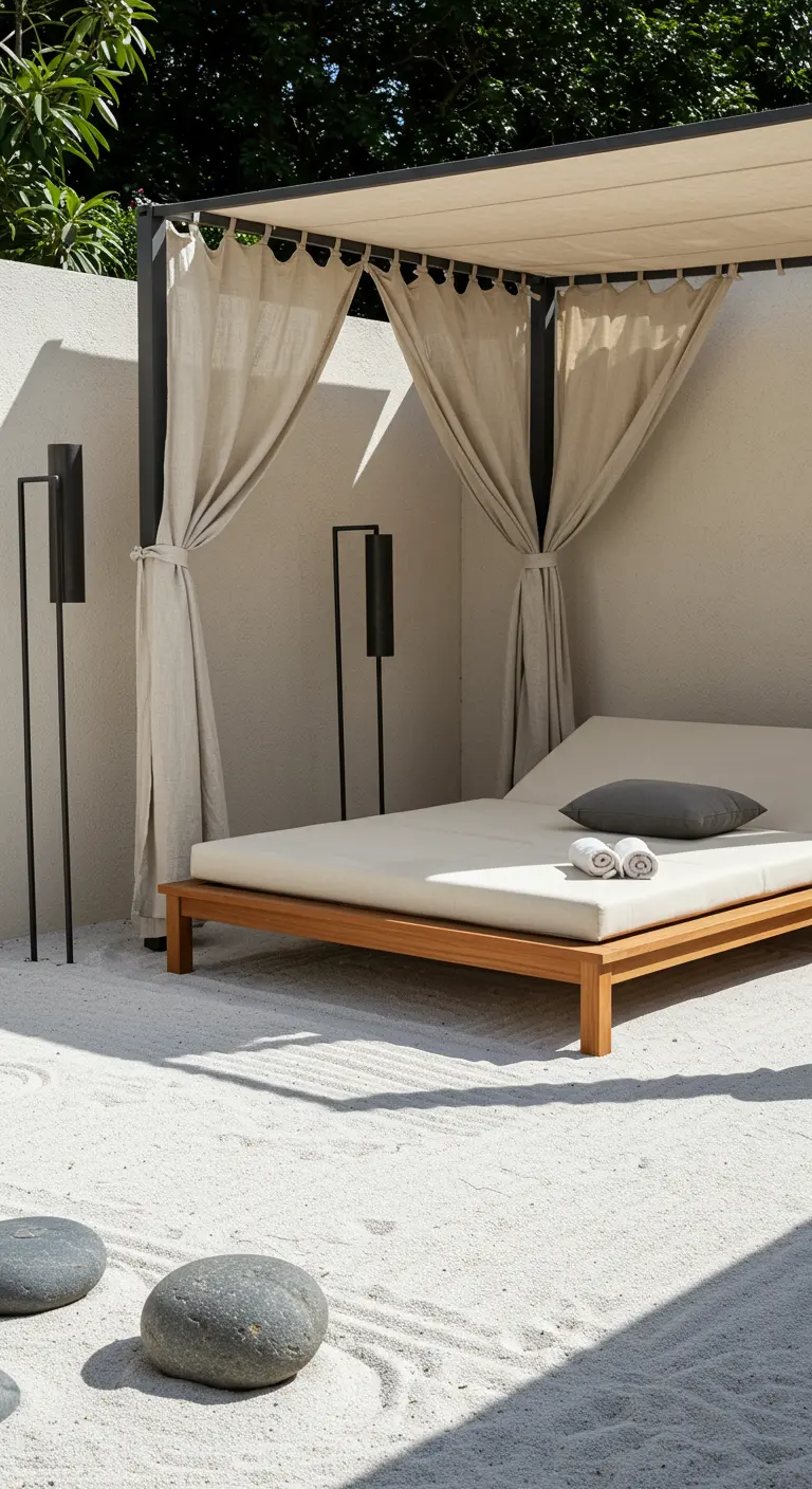 Minimalist teak daybed with black lamps in a zen garden with raked sand.