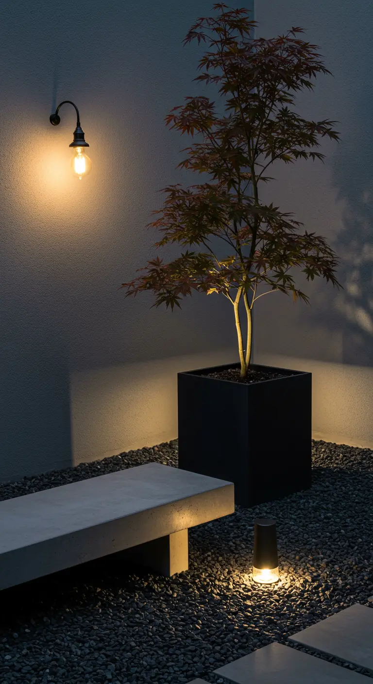 A minimalist garden corner with a Japanese maple, concrete bench, and focused lighting.