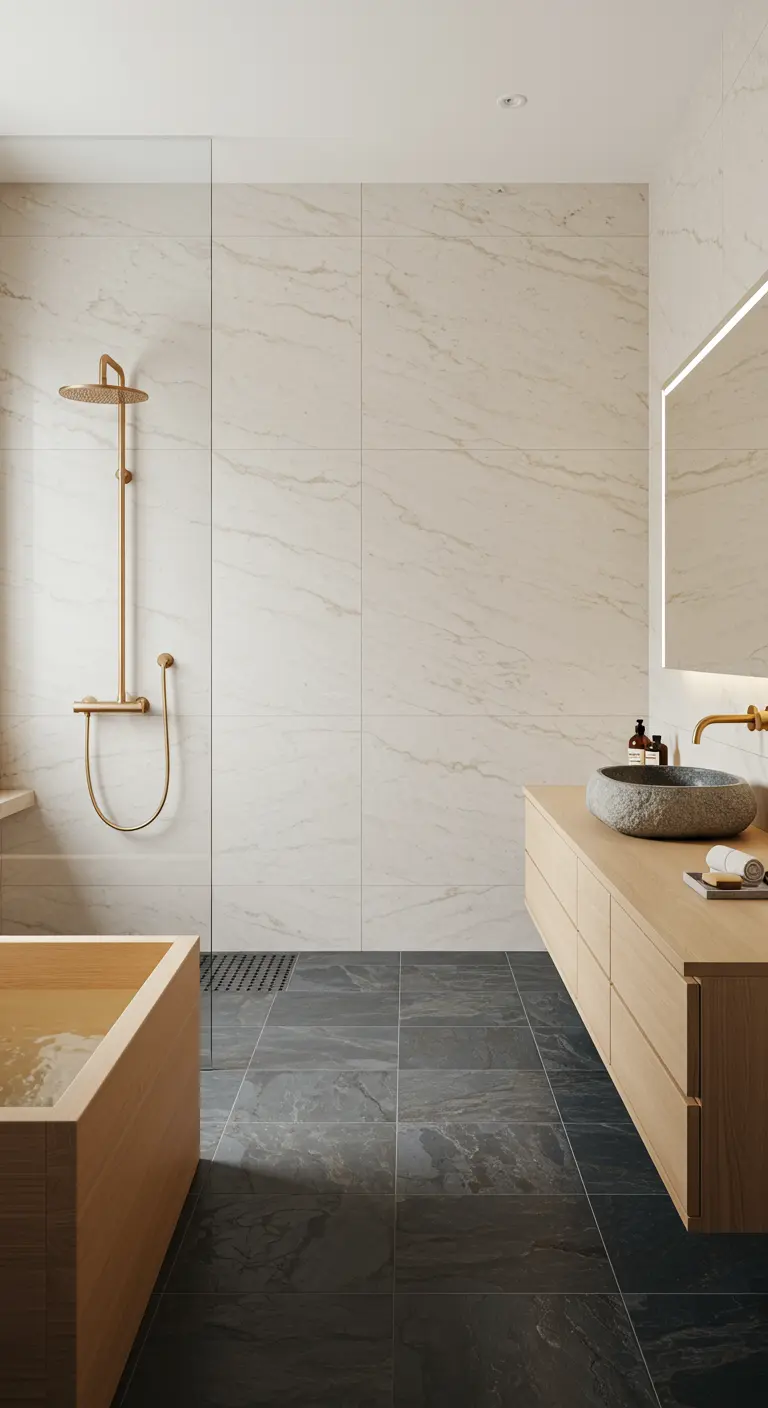 Japandi-style bathroom with a wooden soaking tub, stone sink, and slate floor.