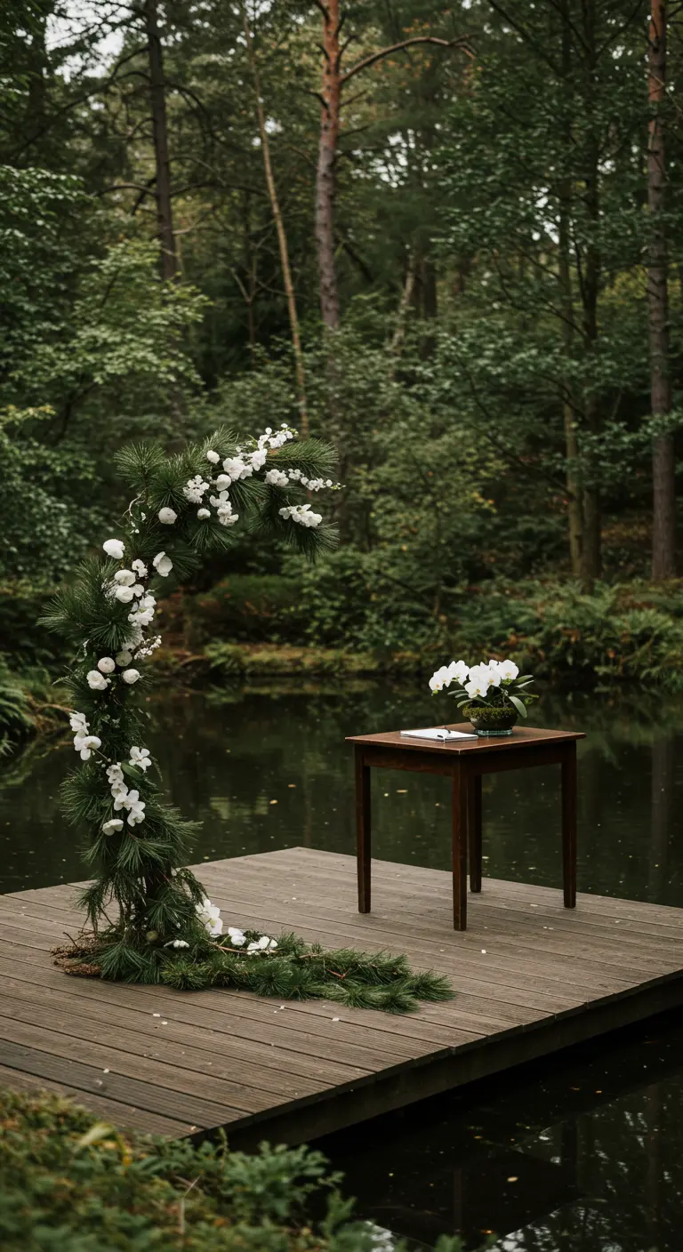 An asymmetrical arch of pine and white orchids on a wooden dock over water.