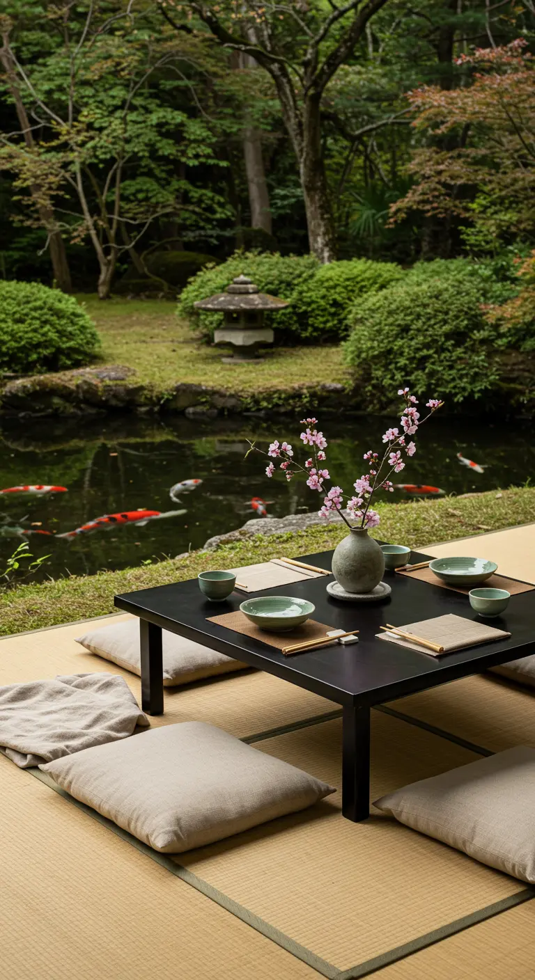 Japanese-style picnic by a koi pond with a low black table and tatami mats.