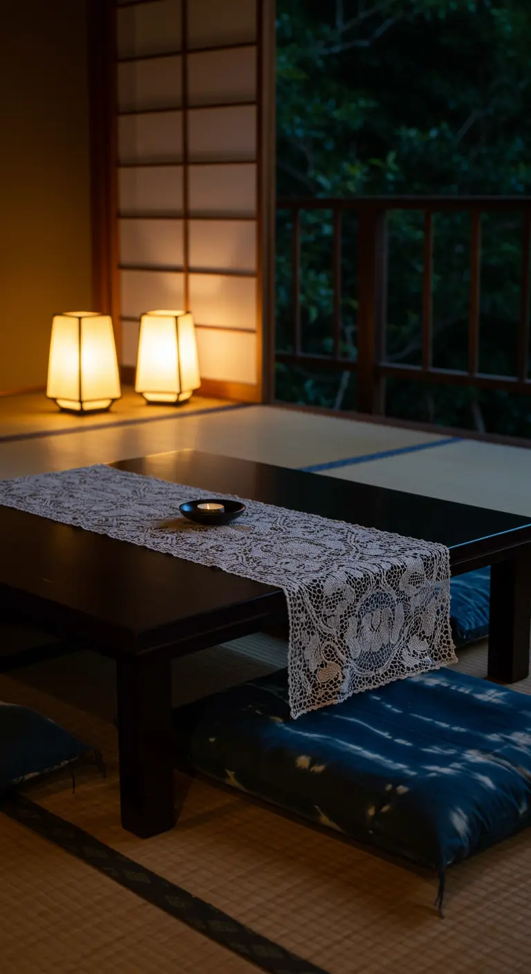 A low Japanese-style table with a lace runner, floor cushions, and soft lantern light.