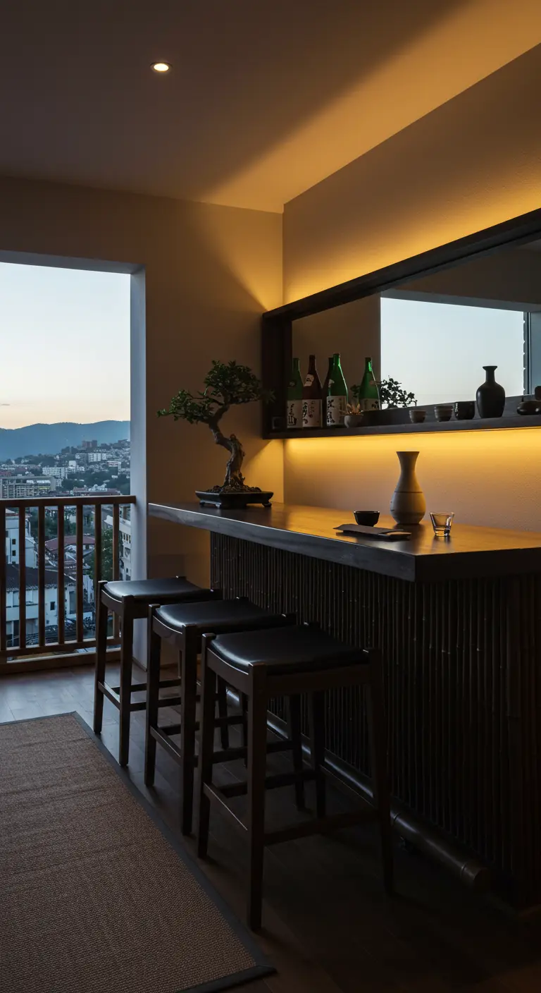 Japandi-style balcony bar with dark wood, a bonsai tree, and soft warm lighting.