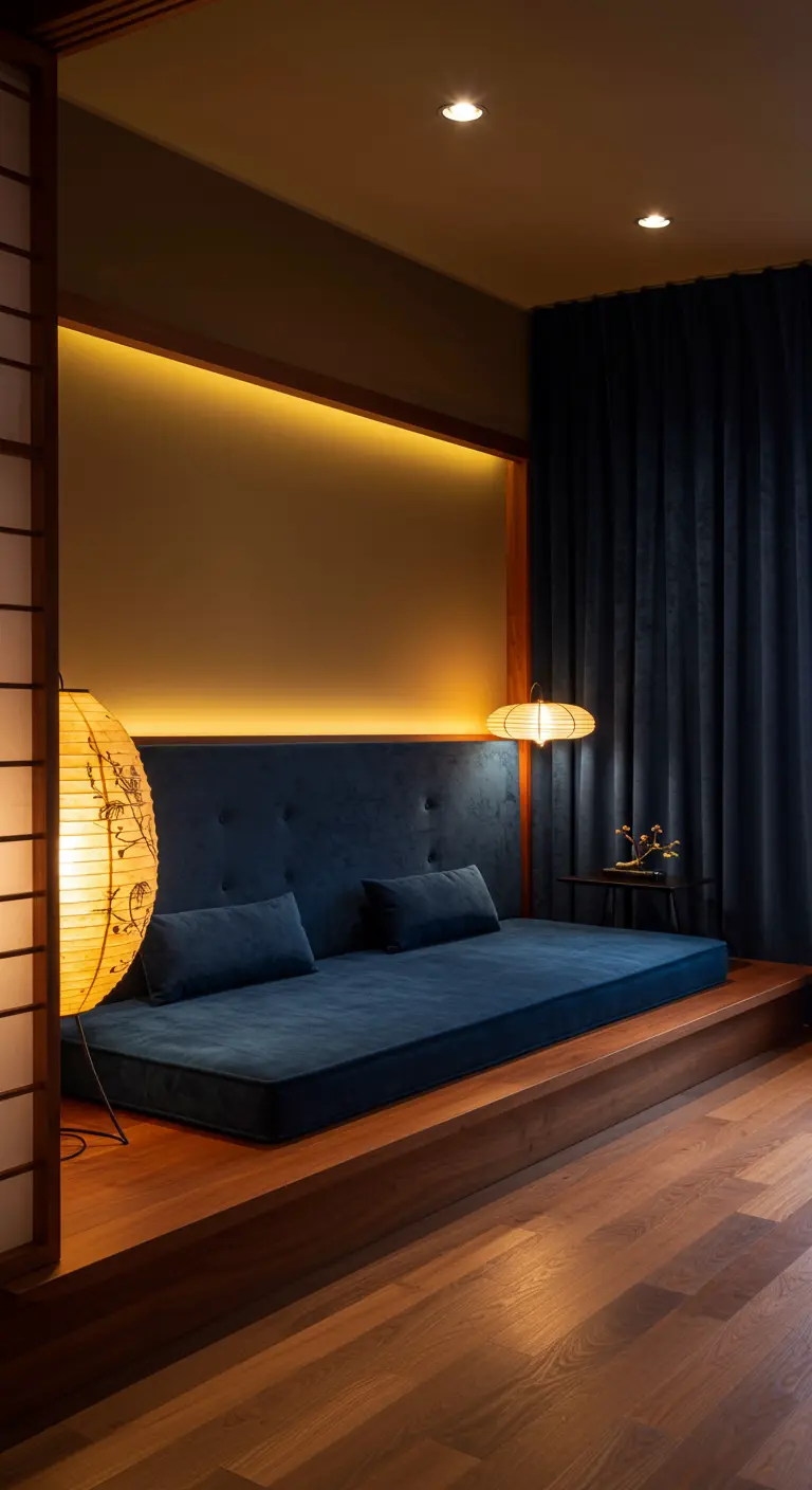 Minimalist bedroom with a low navy velvet platform bed and soft backlighting.