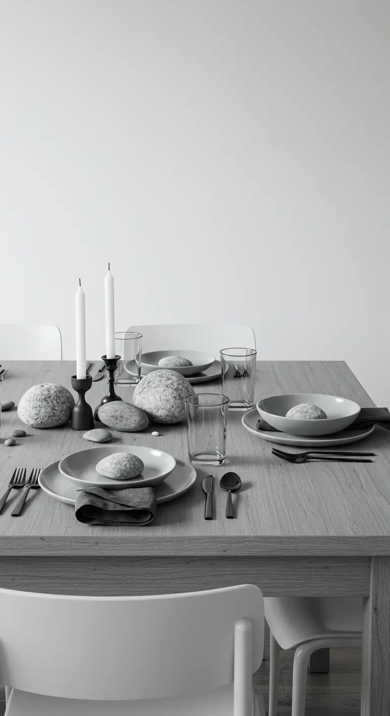 A minimalist table decorated only with smooth gray stones, gray plates, and black cutlery.