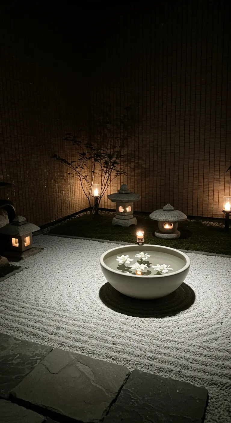 A zen garden at night with raked sand, stone lanterns, and a bowl of floating white flowers.
