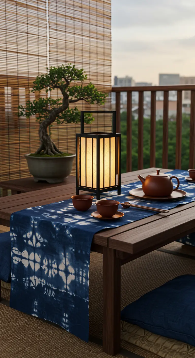 Japandi-style balcony table with an indigo runner and a bonsai tree.