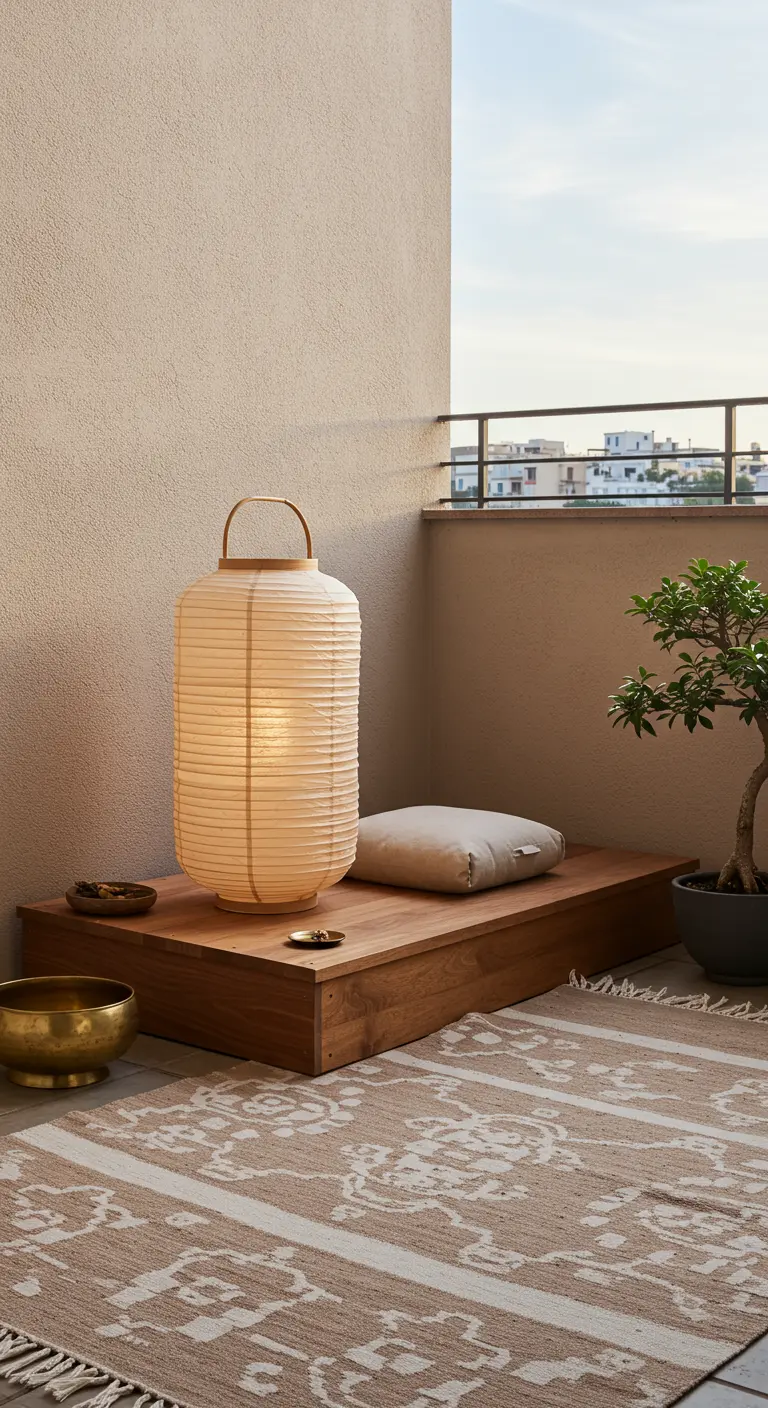 Minimalist balcony with a paper lantern, a low wooden bench, and a neutral rug.