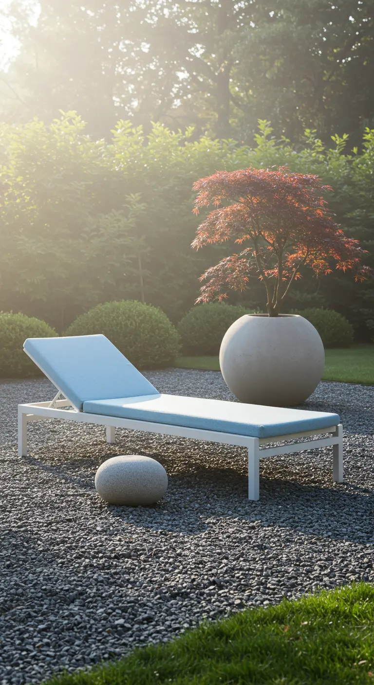 White aluminum chaise lounge with a light blue cushion on a gravel patio next to a Japanese maple.