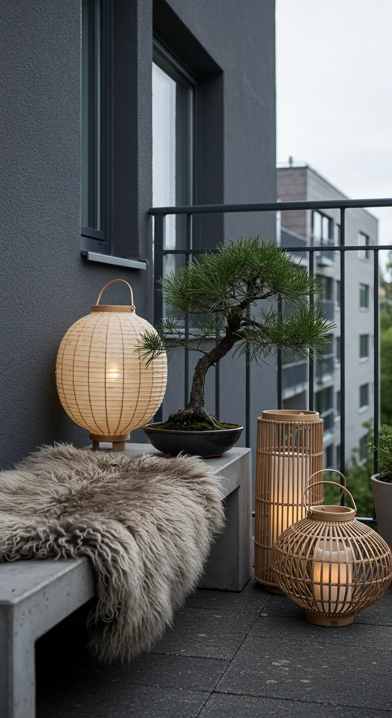 A minimalist balcony with a concrete bench, shaggy sheepskin, bonsai tree, and bamboo lanterns.