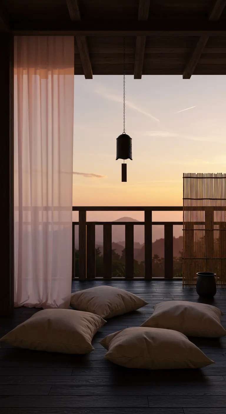 Minimalist wooden balcony with linen cushions, a temple bell, and a bamboo screen.