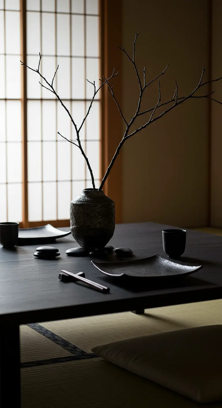 A minimalist Japanese-style table setting with a branch in a rustic vase.