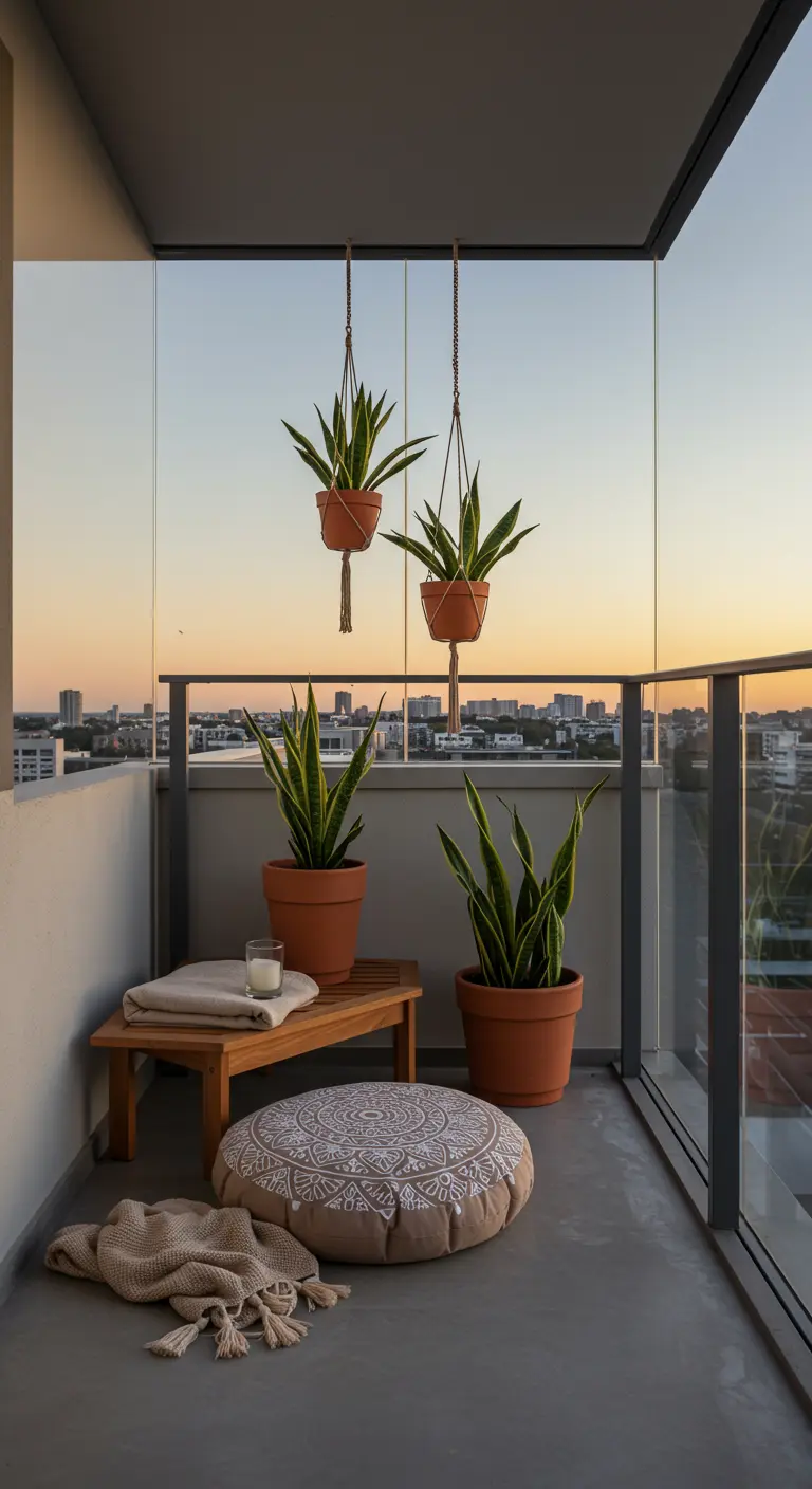 Modern balcony with snake plants in terracotta pots at different heights and a floor cushion.