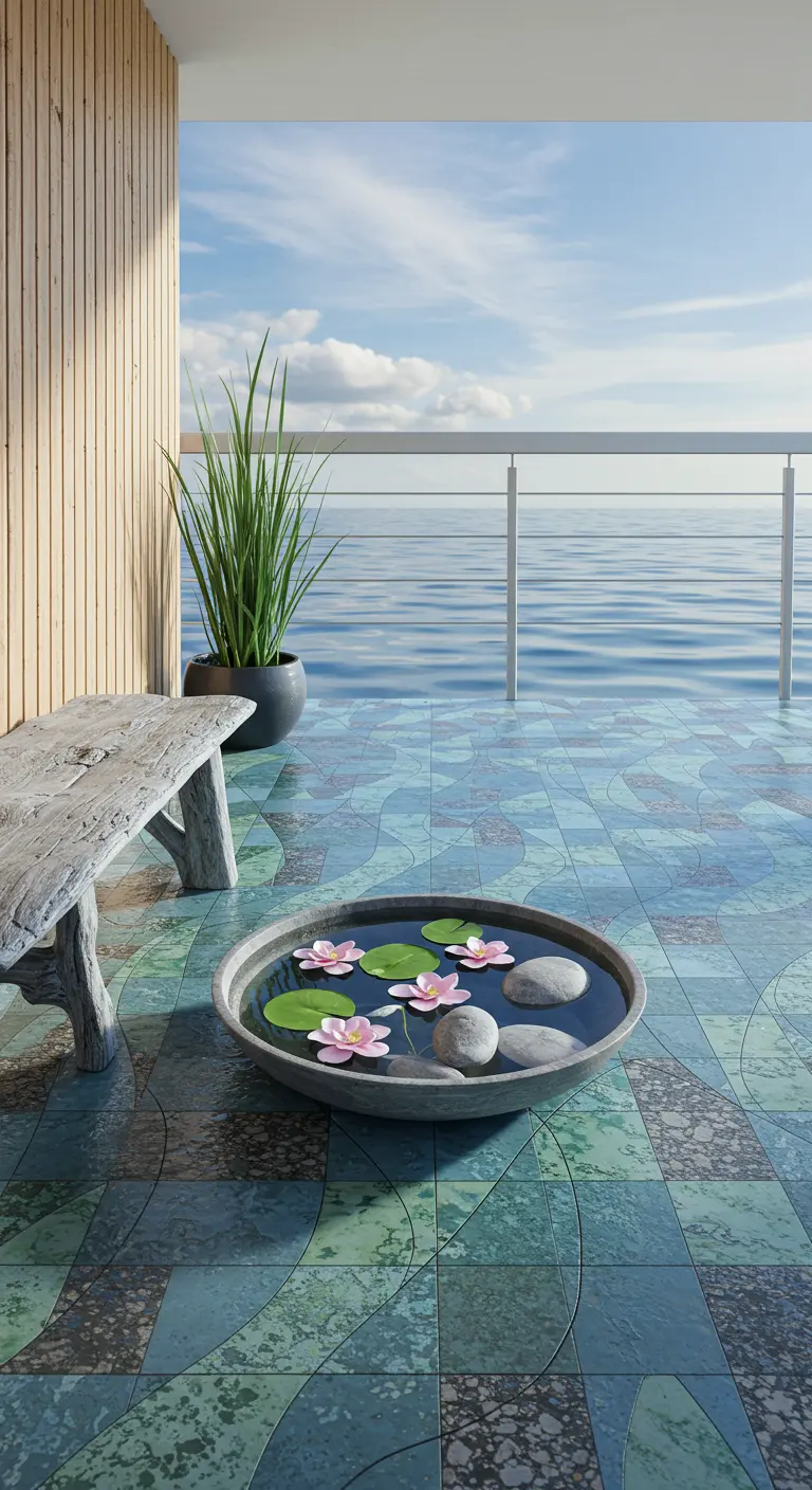 A serene balcony with blue patterned tiles, a driftwood bench, and a bowl with water lilies.
