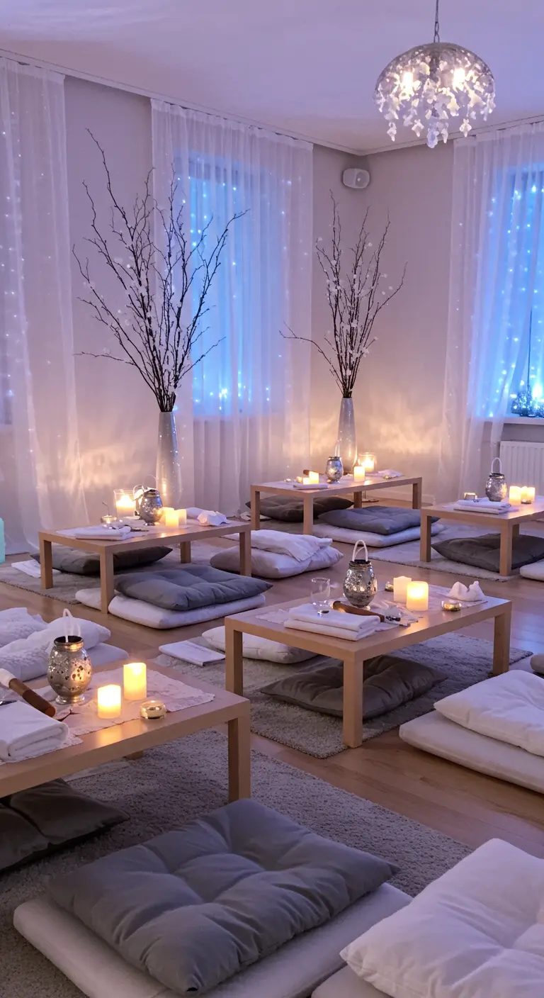 A calm room set up for a party with low tables, floor cushions, candles, and branch decor.