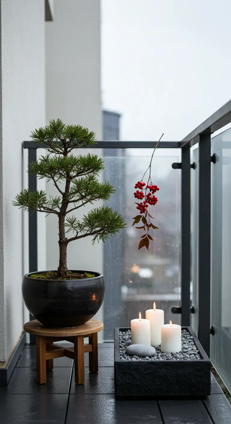 Minimalist balcony with a bonsai tree, a tray of candles, and a single berry branch.