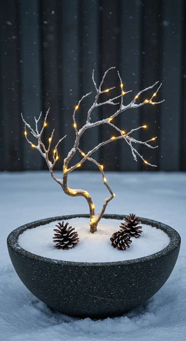 A minimalist bowl planter with a single lit branch and a few pinecones in the snow.