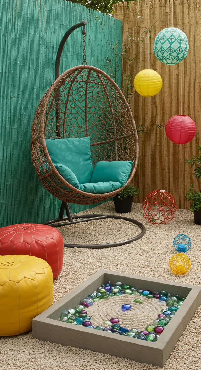 Cheerful patio with a hanging chair, colorful poufs, and a turquoise bamboo wall.