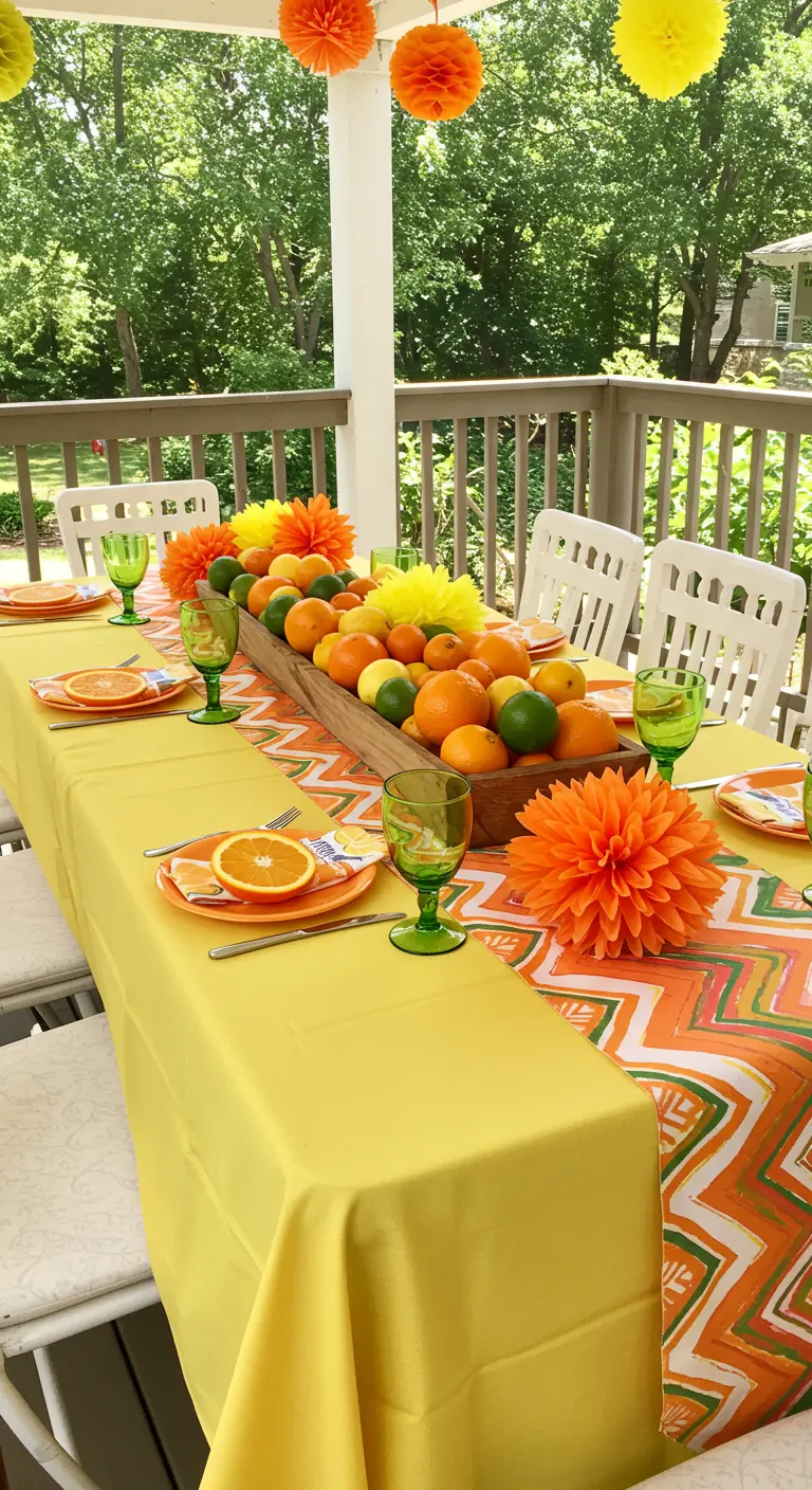 A summer party table with a yellow tablecloth and a centerpiece made of fresh citrus fruits in a trough.