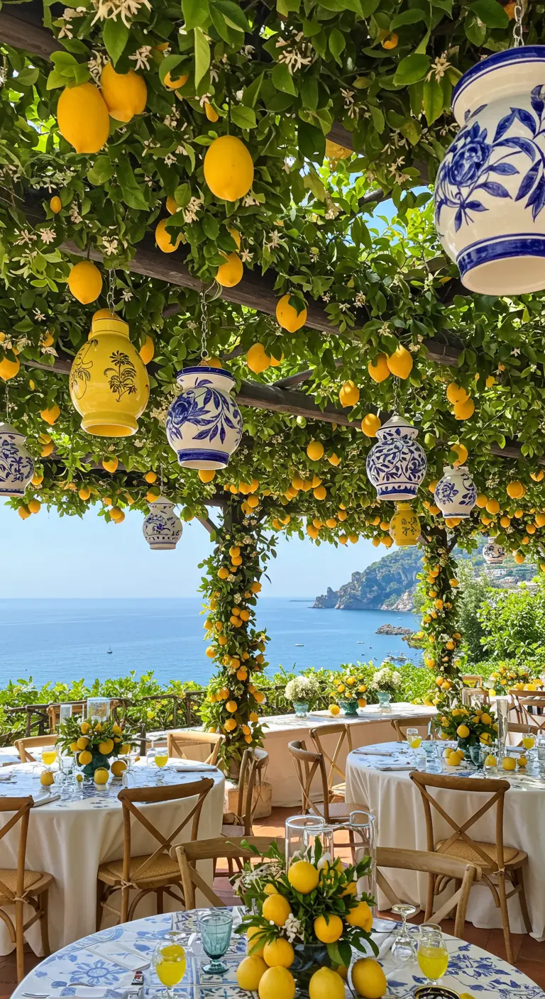 Wedding tables set under a canopy of lemon trees with hanging blue and white ceramic lanterns.