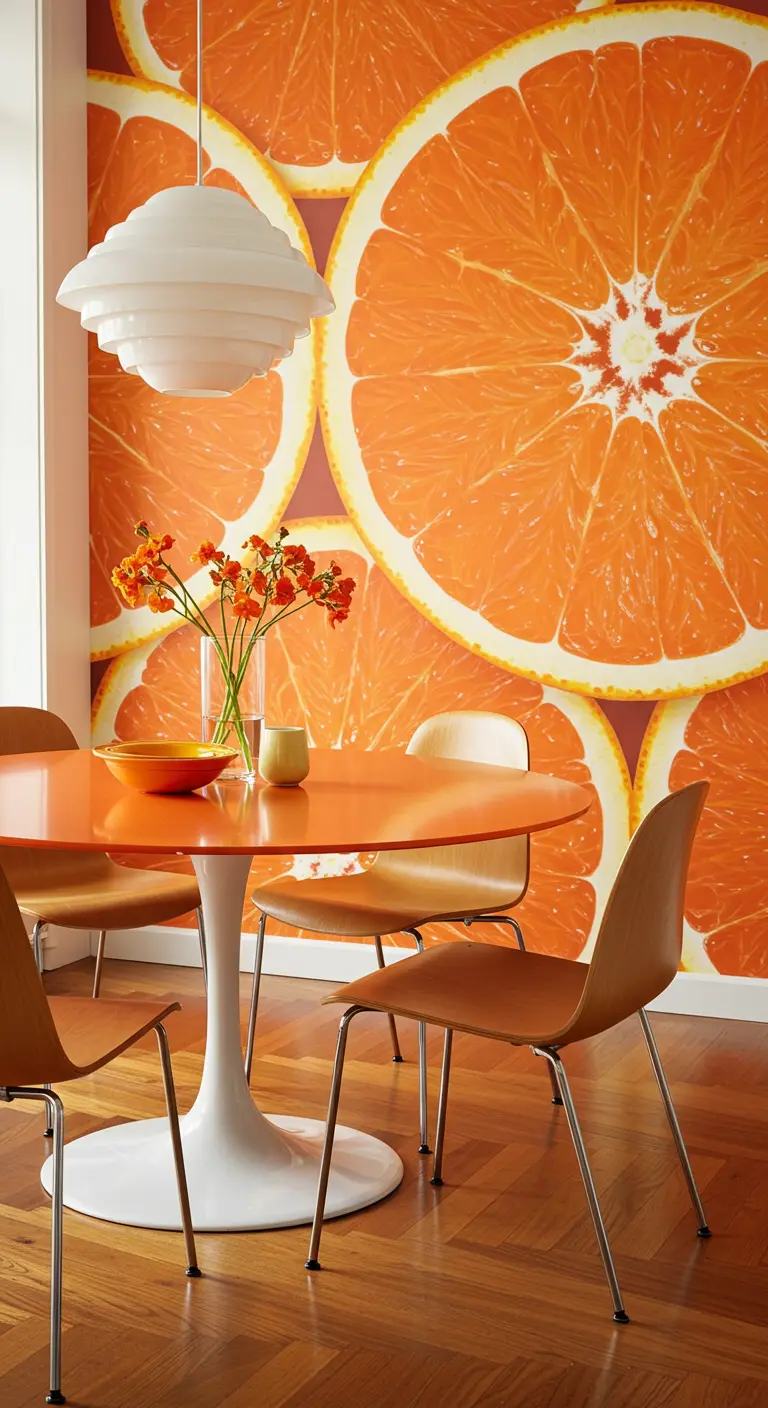 Dining room with a large-scale wallpaper of orange slices and an orange round table.