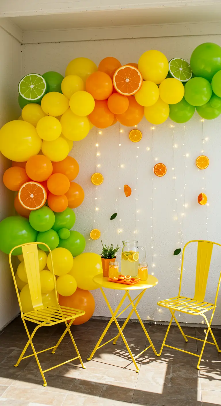 A yellow, green, and orange balloon arch decorated with real citrus slices frames a bistro set.
