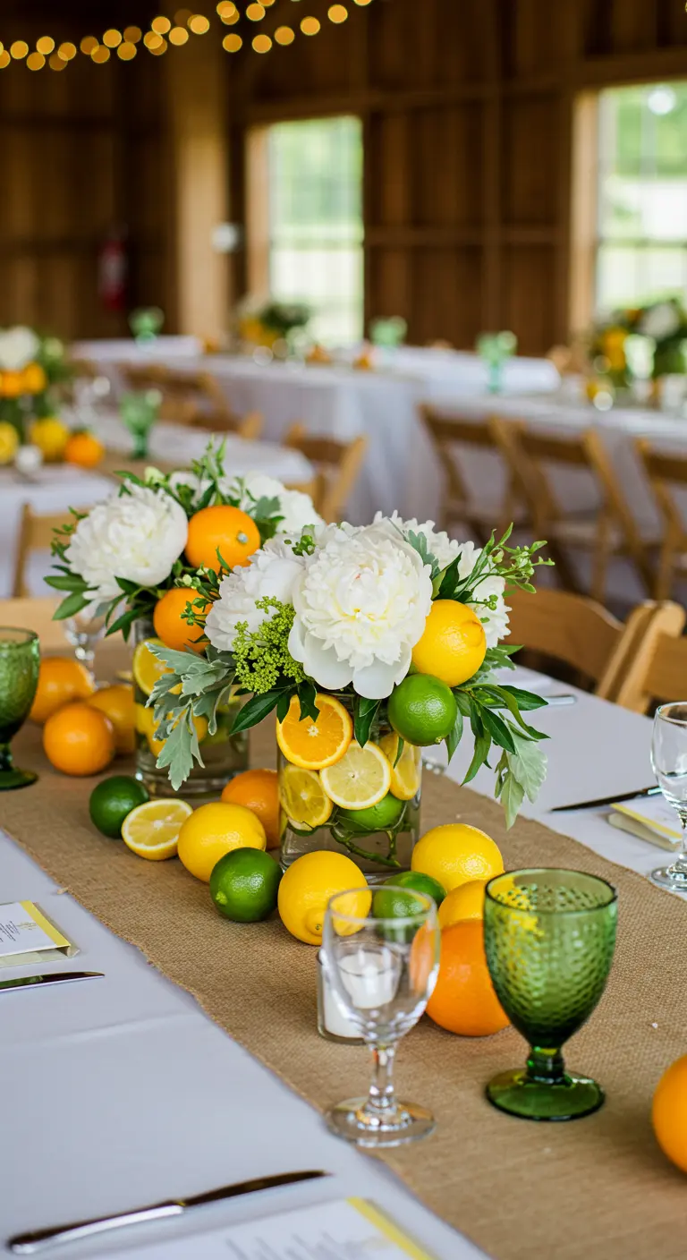 Centerpiece with white peonies, lemons, limes, and oranges on a burlap runner.